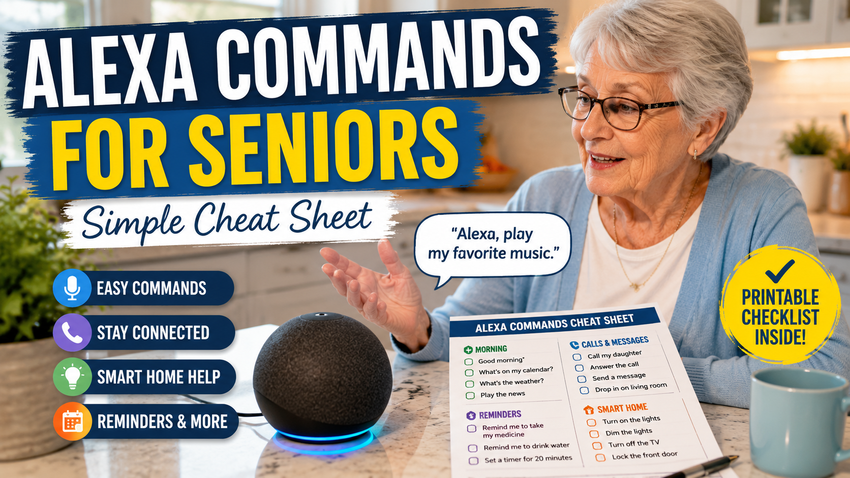 Senior woman using Alexa voice commands at home with a printable cheat sheet for everyday tasks