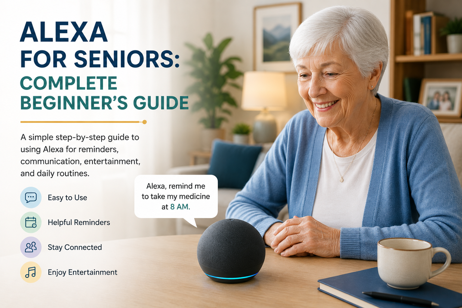 Senior woman using Alexa voice assistant for reminders communication and daily tasks