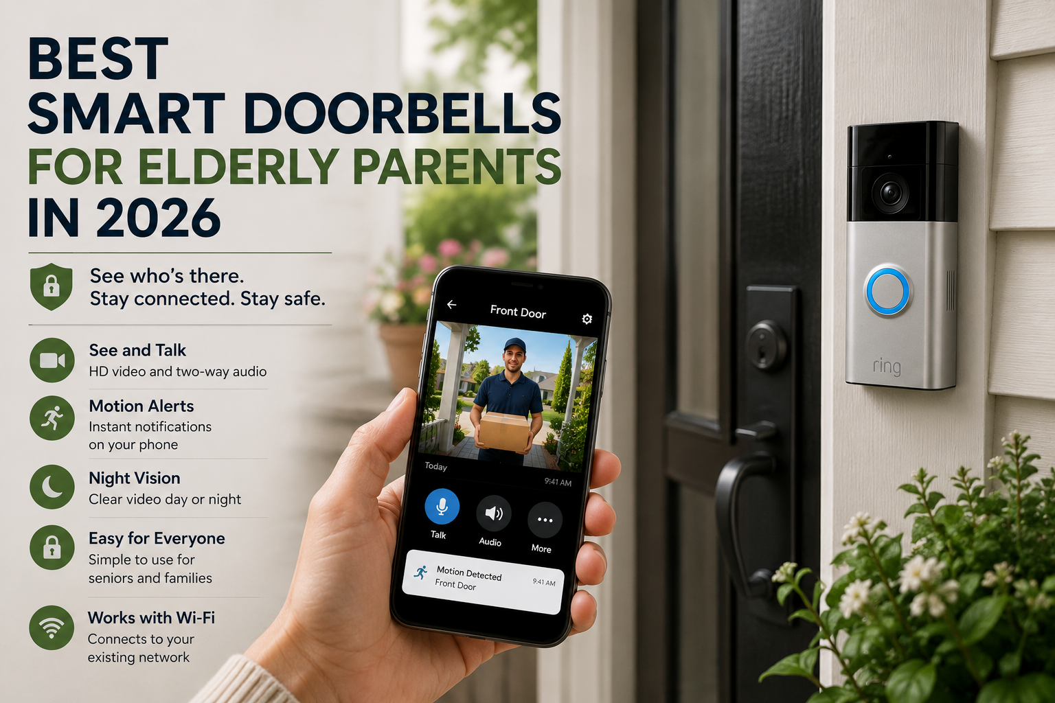 Smart doorbell for elderly parents showing video alerts and front door safety features
