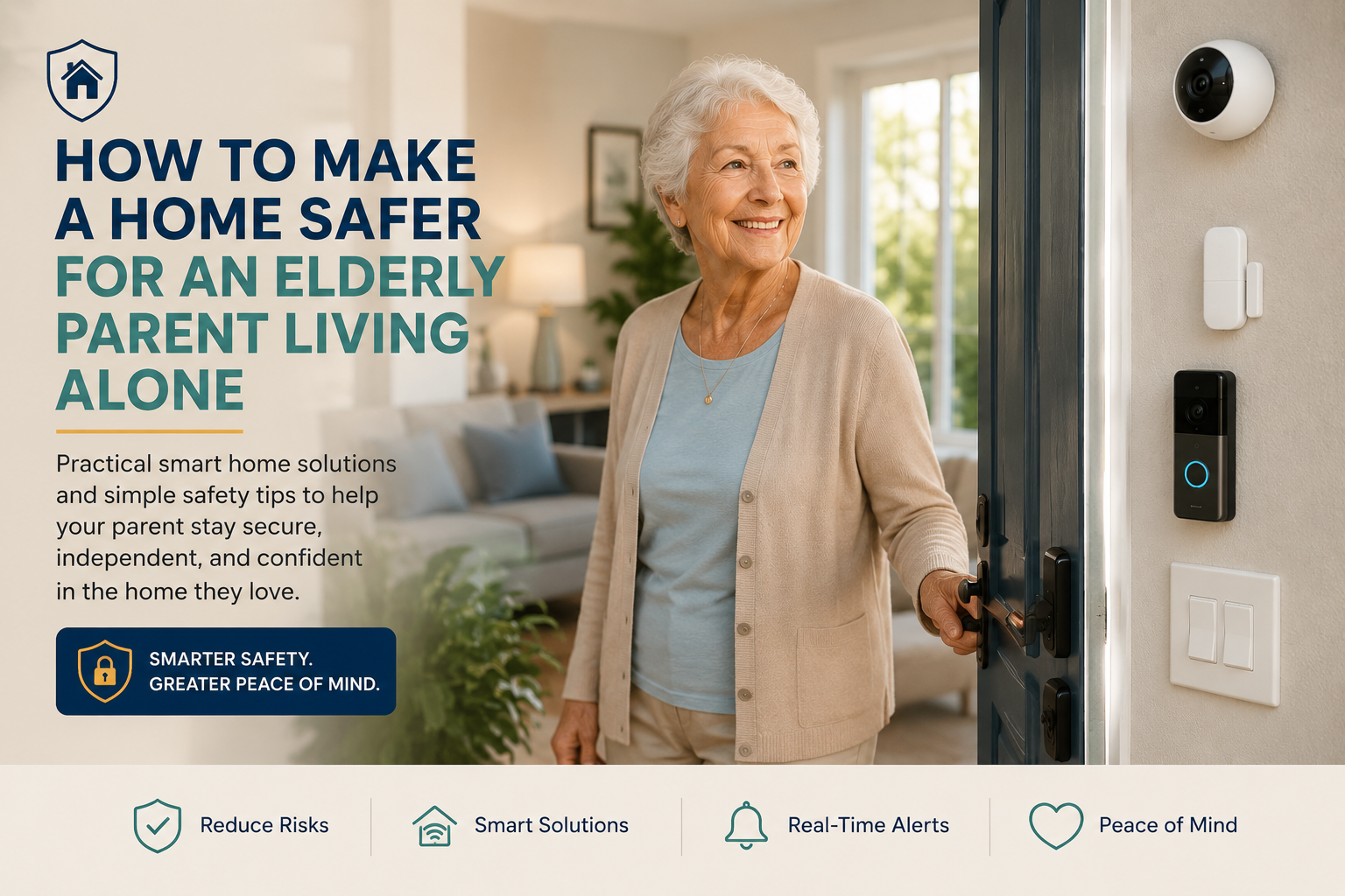Elderly woman safely living alone at home with smart home security devices