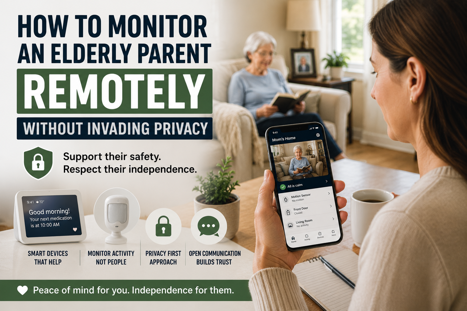Adult daughter using smart home technology to monitor an elderly parent remotely while respecting privacy