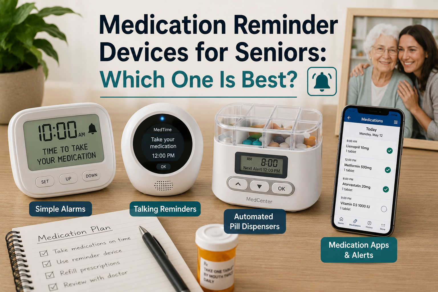 Medication reminder devices for seniors comparing alarms, pill dispensers and medication apps