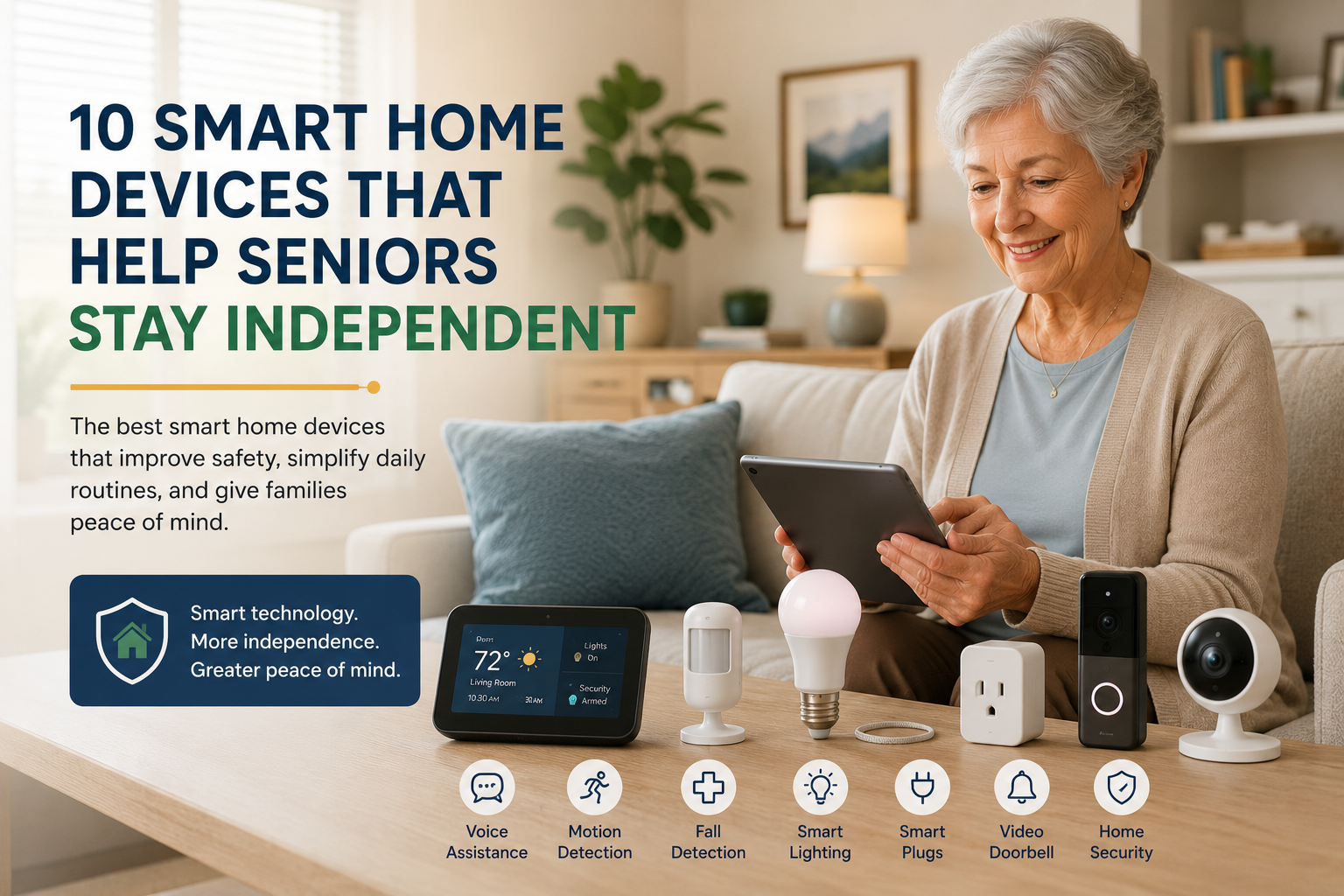 Senior woman using smart home devices that help older adults stay independent