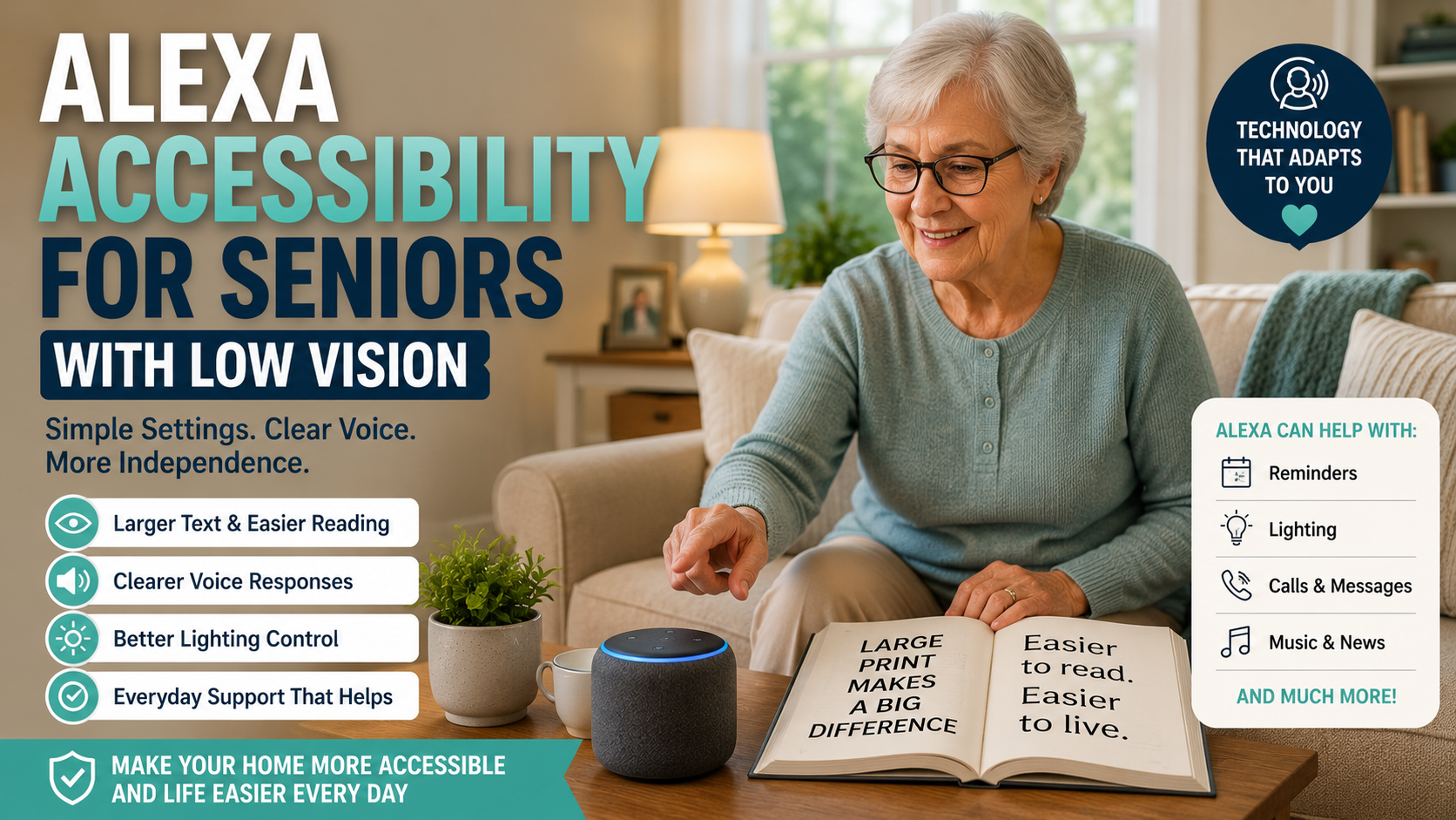 Older adult using Alexa accessibility features and a smart speaker in a bright American living room
