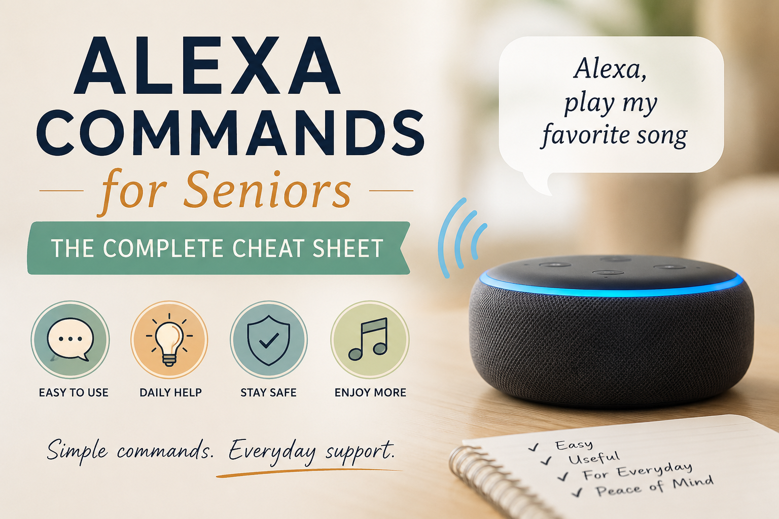Alexa commands cheat sheet for seniors with simple voice command examples and daily support icons