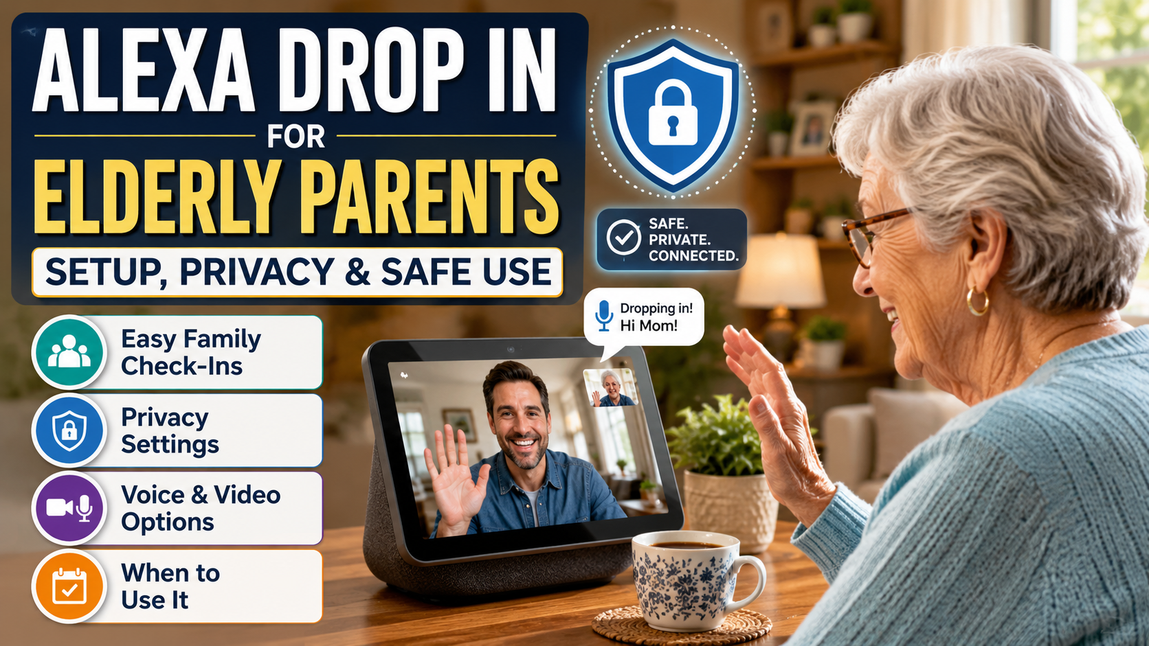 Older adult using Alexa Drop In for a family video check-in