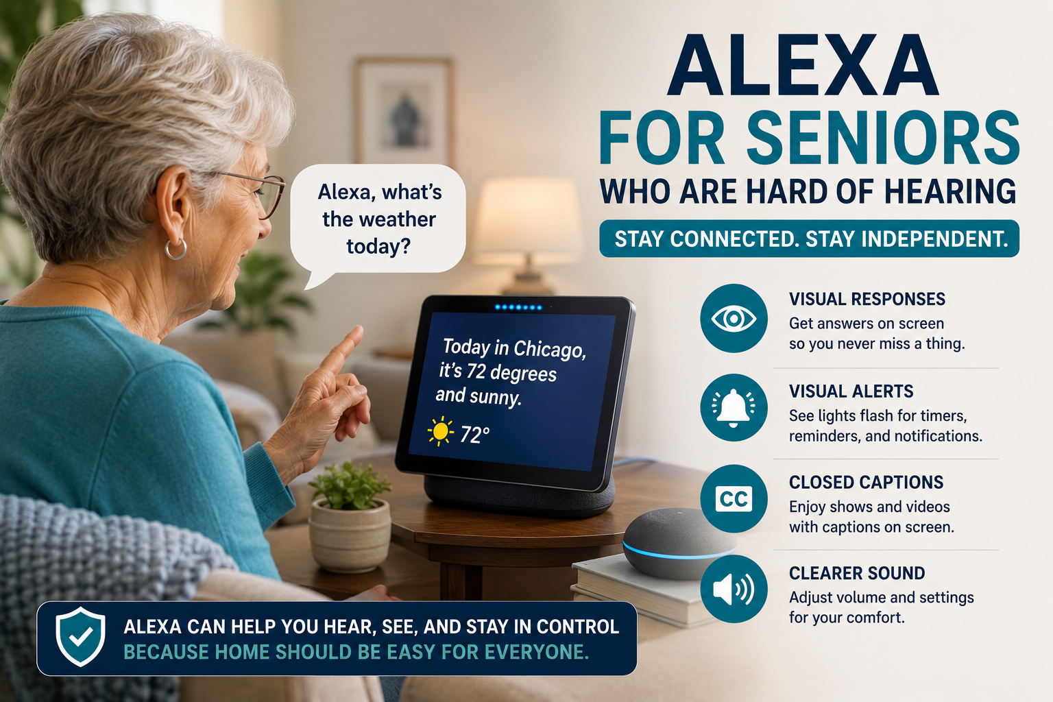 Older adult using Alexa with visual responses, captions, visual alerts, and accessibility features for hearing difficulties