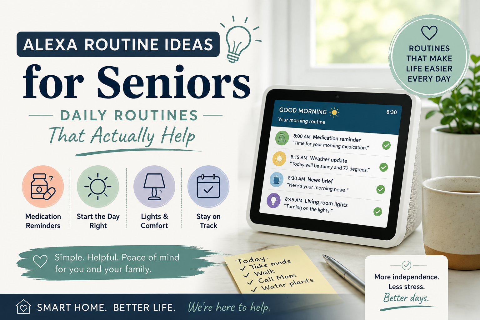 Alexa routine ideas for seniors showing daily reminders, lights, weather and helpful routines on an Echo Show