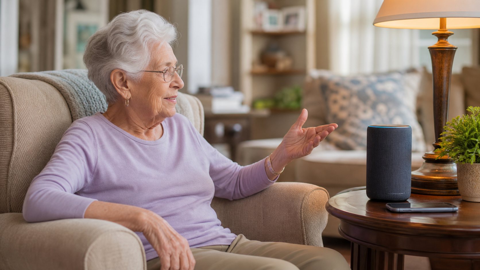 Senior using a voice assistant from a living room chair