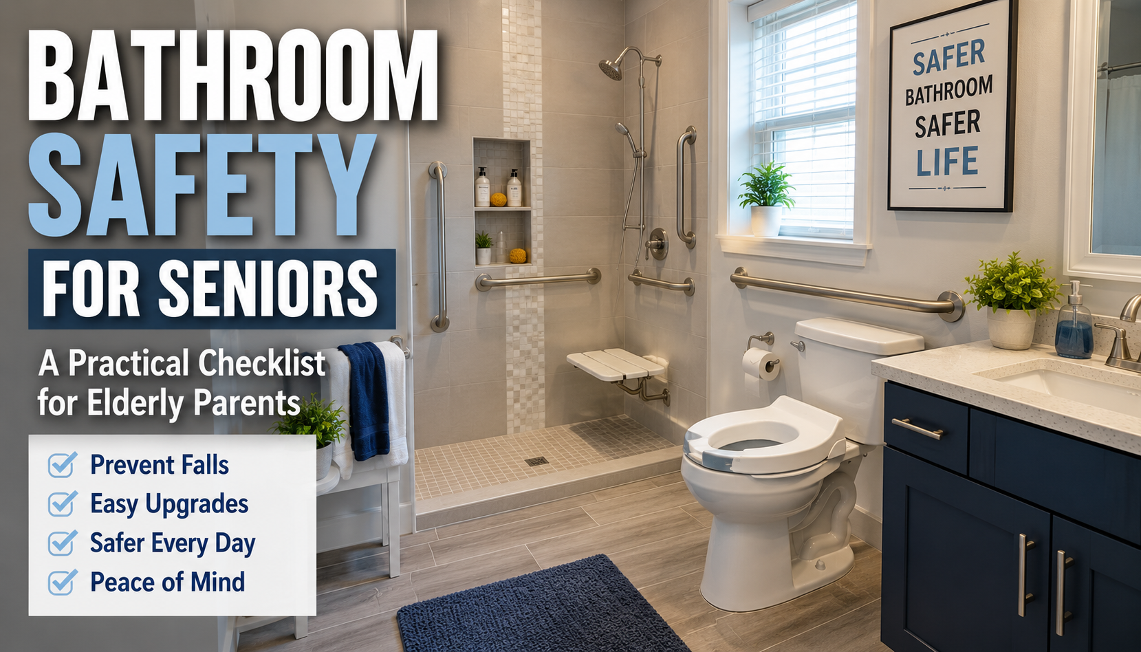 Senior-friendly American bathroom with grab bars, walk-in shower, shower seat, non-slip flooring, and bright lighting