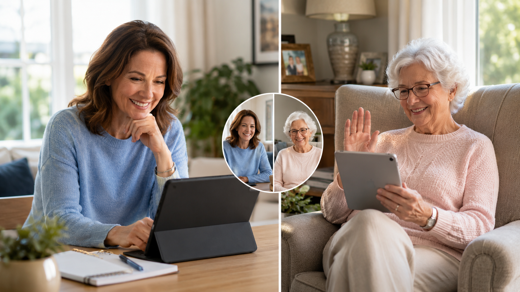 Adult daughter using a simple check-in routine with her elderly parent