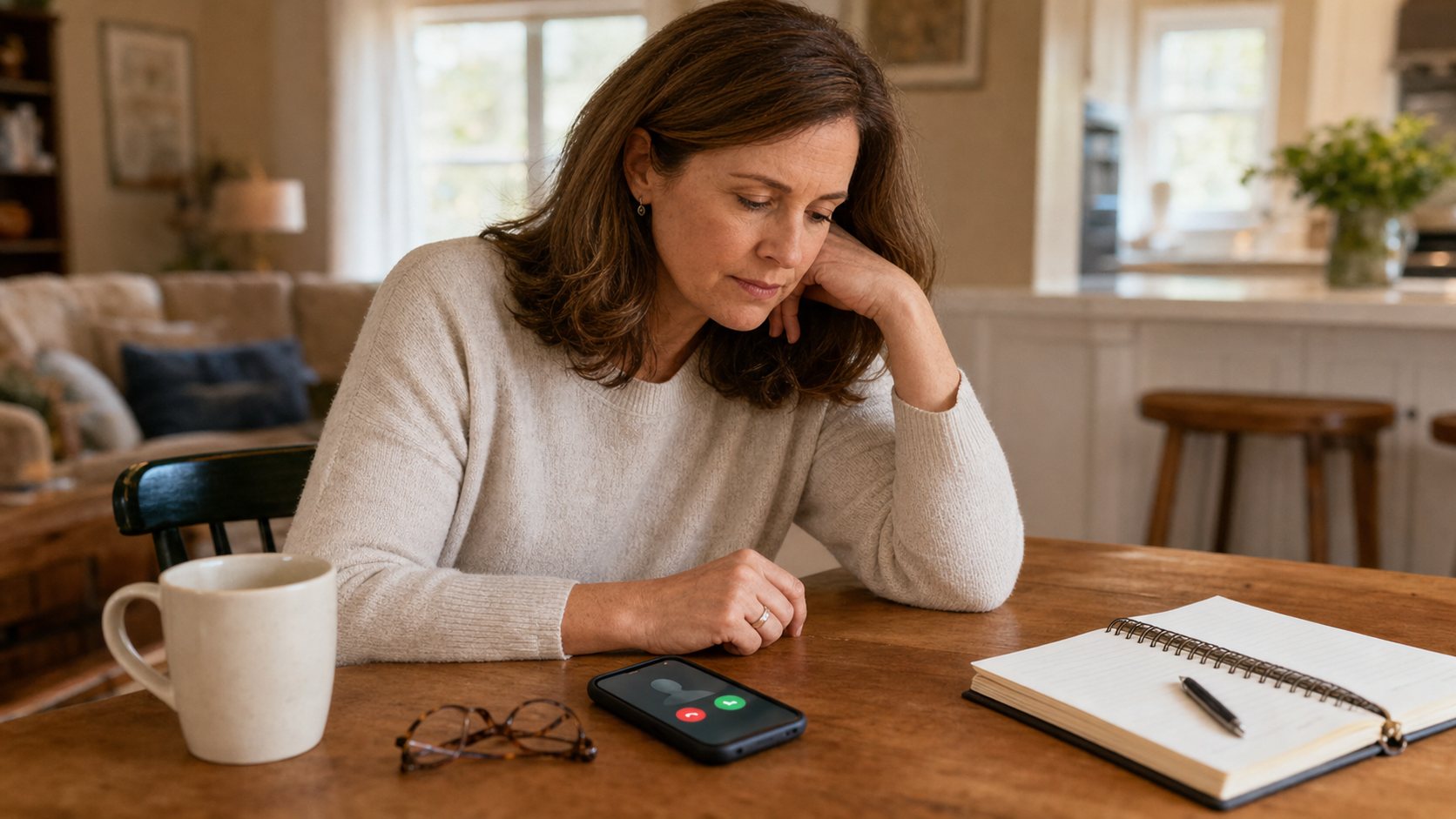 Adult daughter checking her phone after an elderly parent does not answer