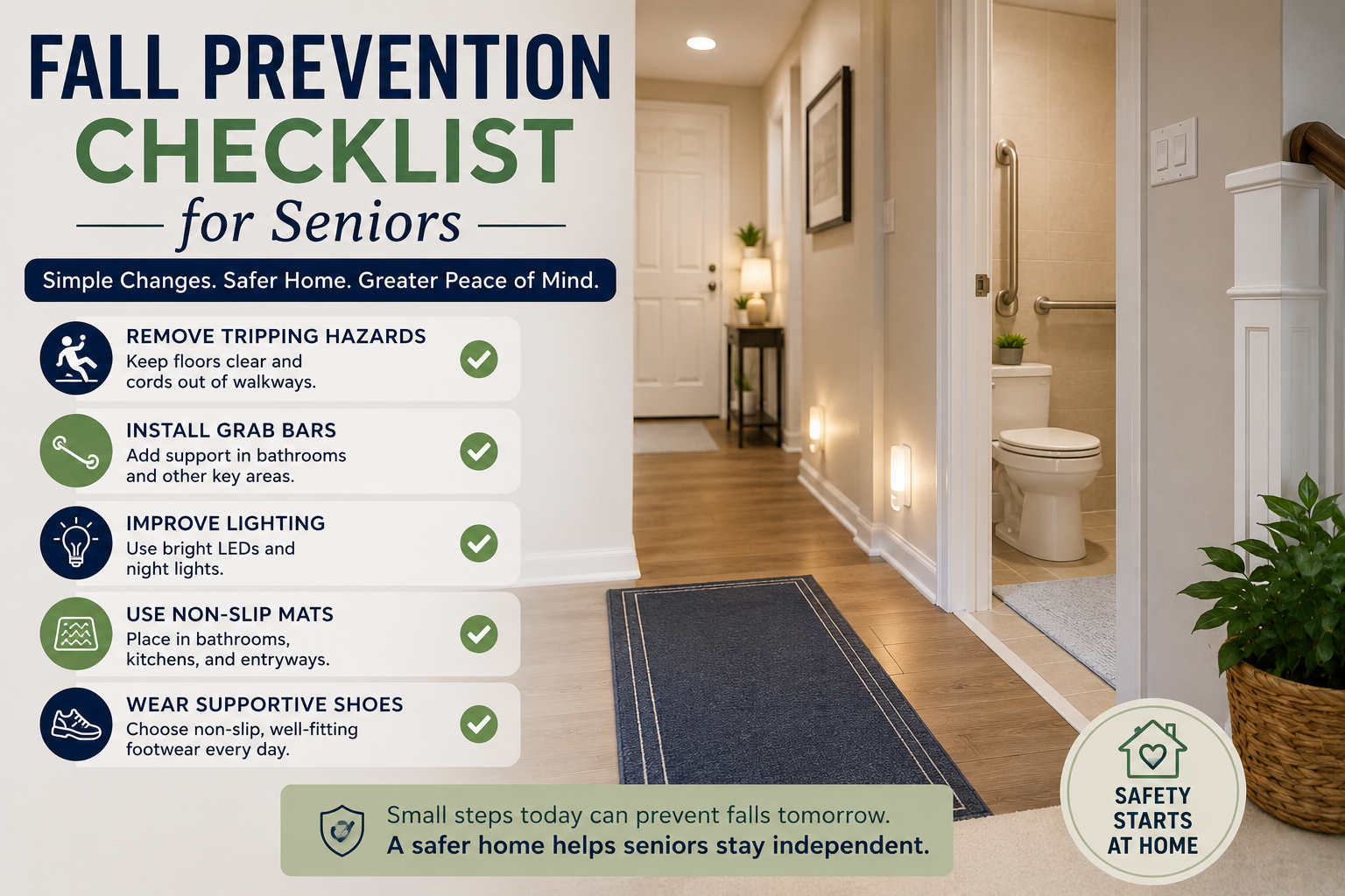 Fall prevention checklist for seniors showing a safe home with grab bars, non-slip mats, good lighting and practical safety tips