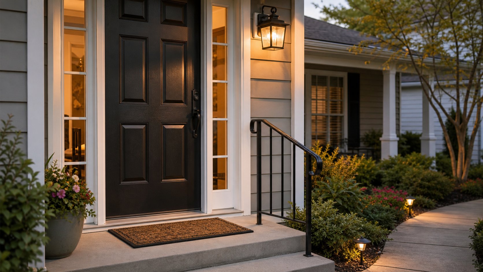 Well-lit front entrance with a secure mat and visible handrail for senior safety