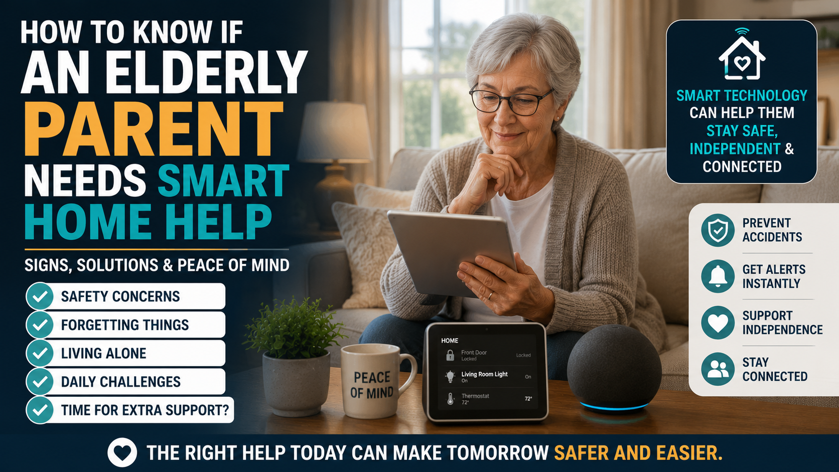 Older parent using simple smart home technology for safety, independence, reminders, and family connection