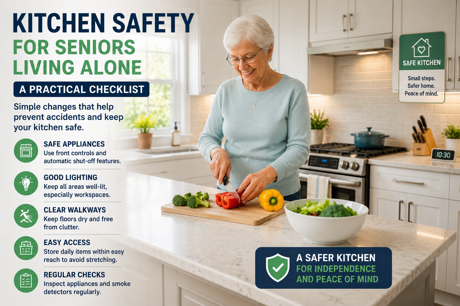 Older woman preparing food in a bright senior-friendly kitchen with clear walkways, safe appliances, accessible storage, and good lighting