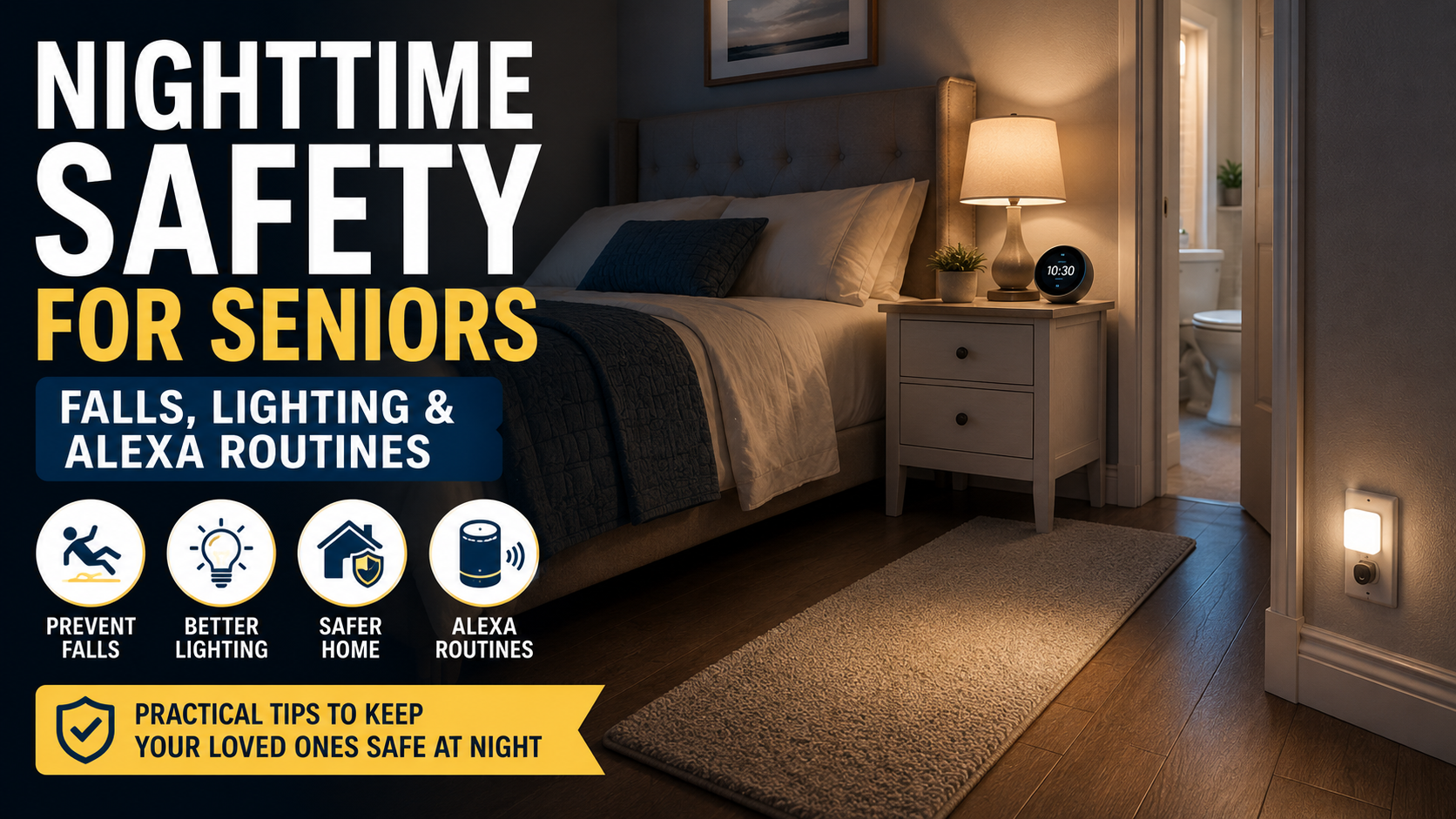 Senior-friendly bedroom with warm nighttime lighting, illuminated walkway, and Alexa routine support for safer movement at night