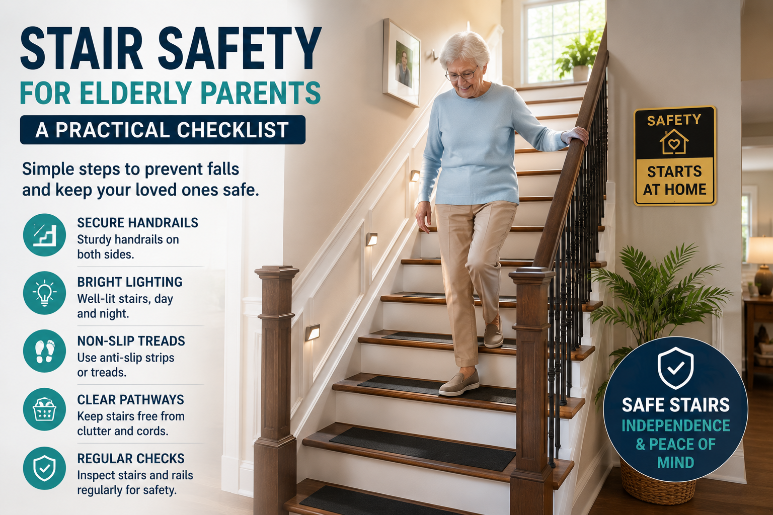 Senior woman using a well-lit staircase with secure handrails, non-slip treads, and clear pathways for safer movement at home
