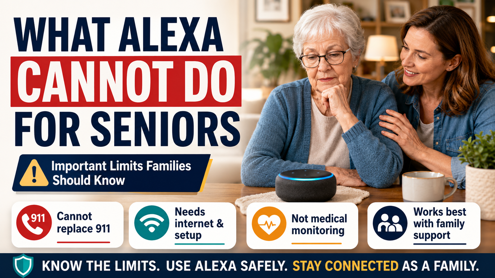 Older adult and daughter reviewing the important limits of Alexa for seniors