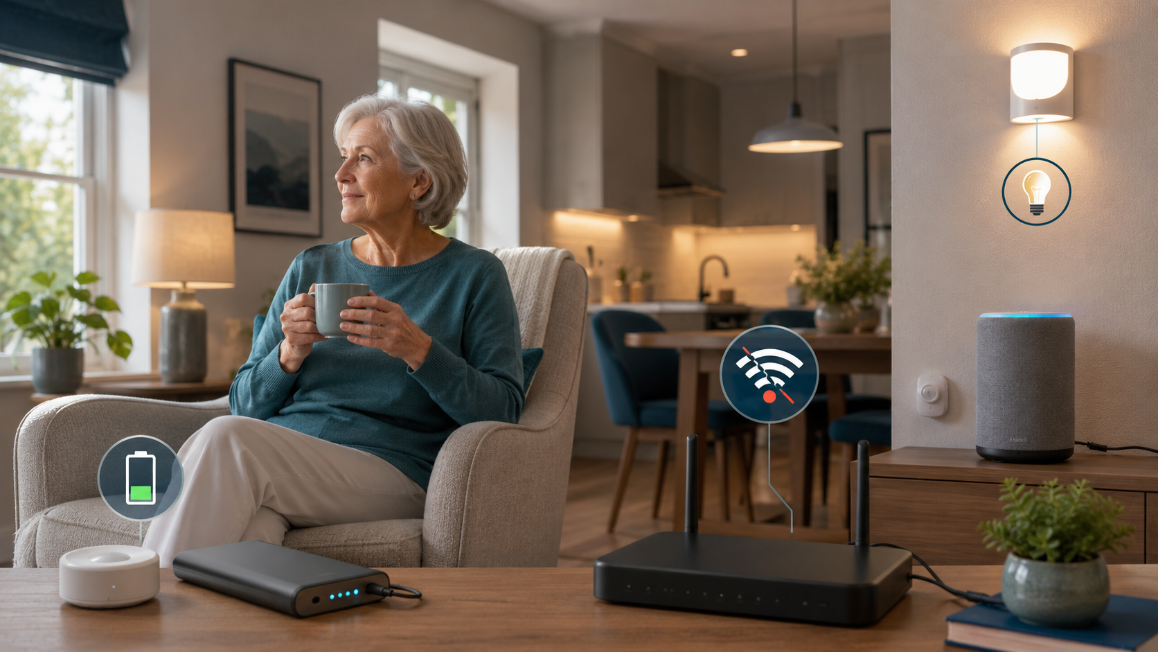 Senior at home with smart home devices during an internet or power outage