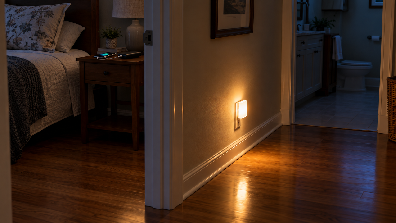 Plug-in emergency light glowing in a dark hallway beside a phone charging from a battery bank.