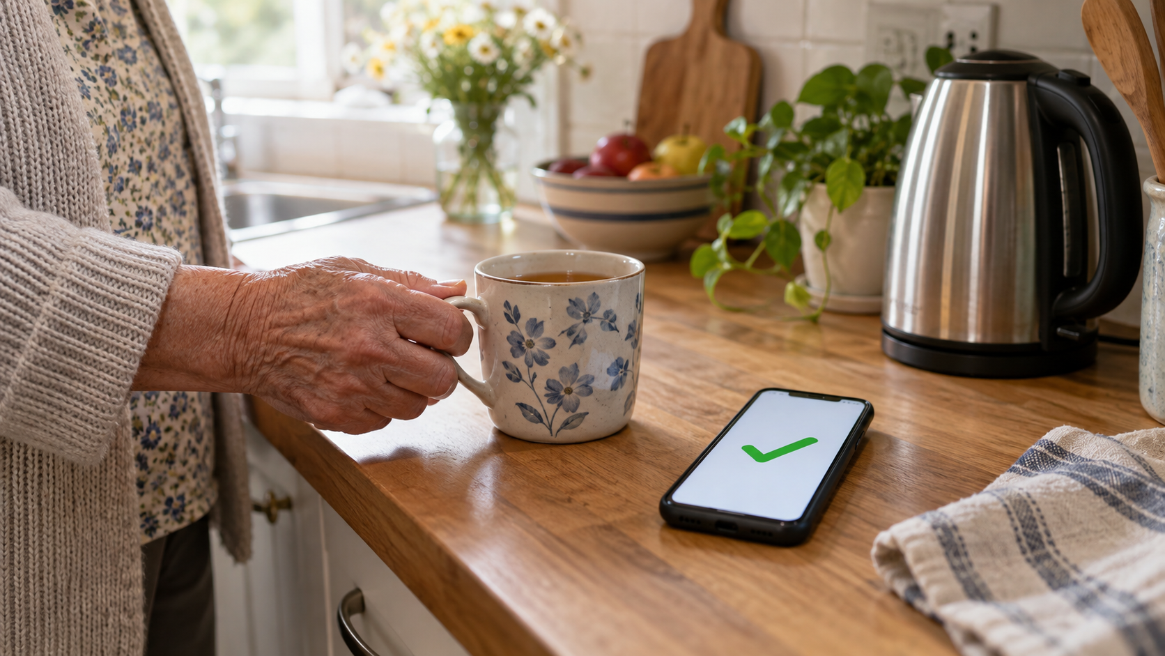Older adult making morning tea, a simple daily routine that can double as a quiet check-in signal.