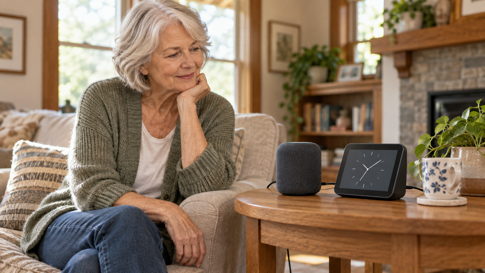 Older woman beside a generic smart speaker and smart display on a wooden table in a sunlit living room