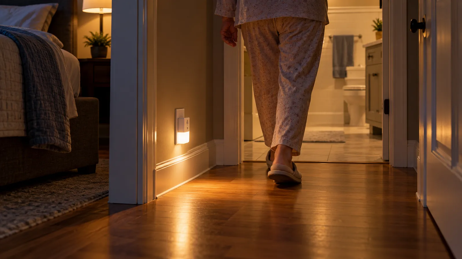 Motion sensor night light illuminating the path to a bathroom at night.