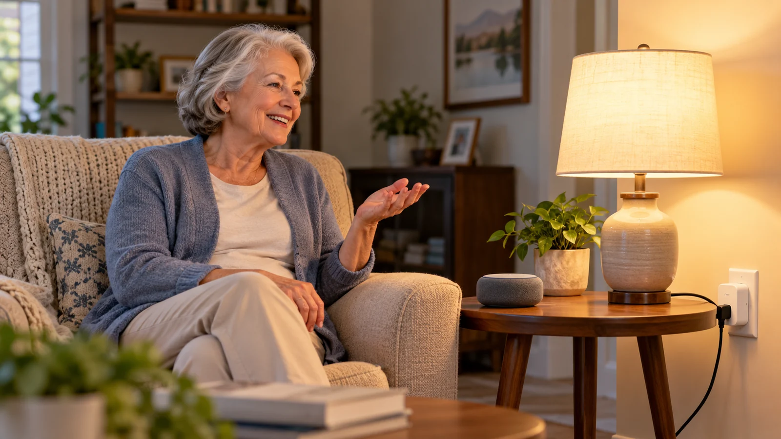 Older woman using a voice assistant to control a table lamp connected to a smart plug.