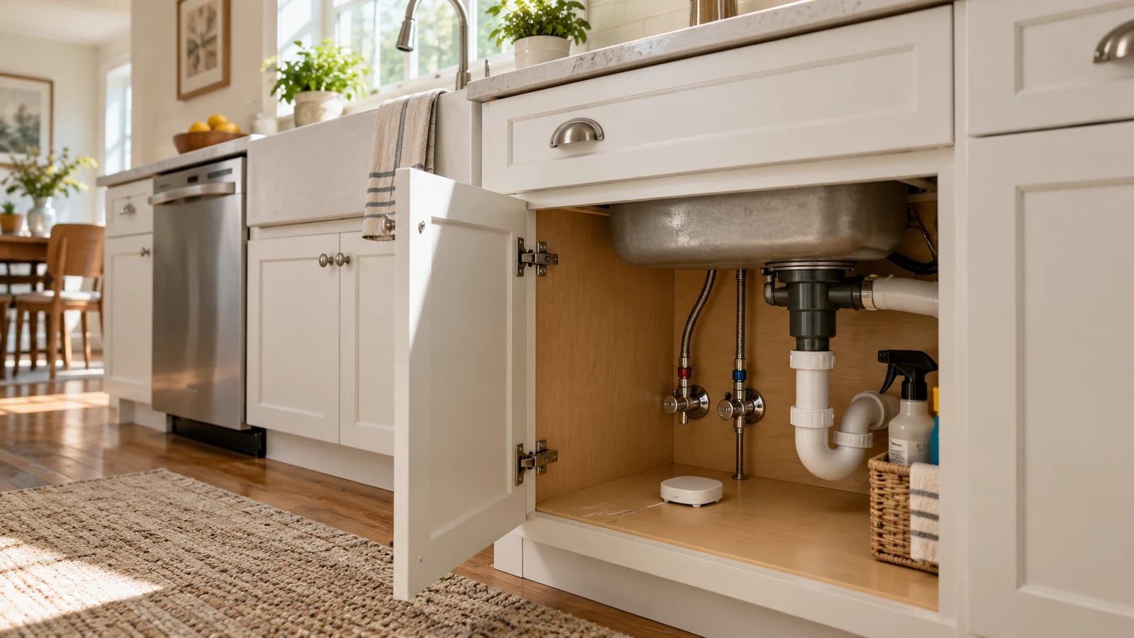 Small water leak sensor on the cabinet floor beneath a kitchen sink